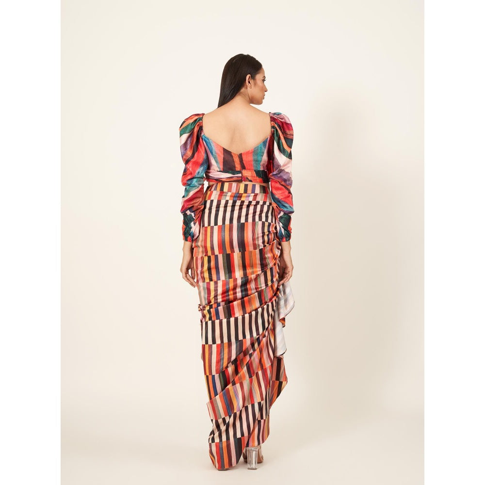Neha Tarun Stripes Printed Blouse with Pull-Up Skirt (Set of 2)