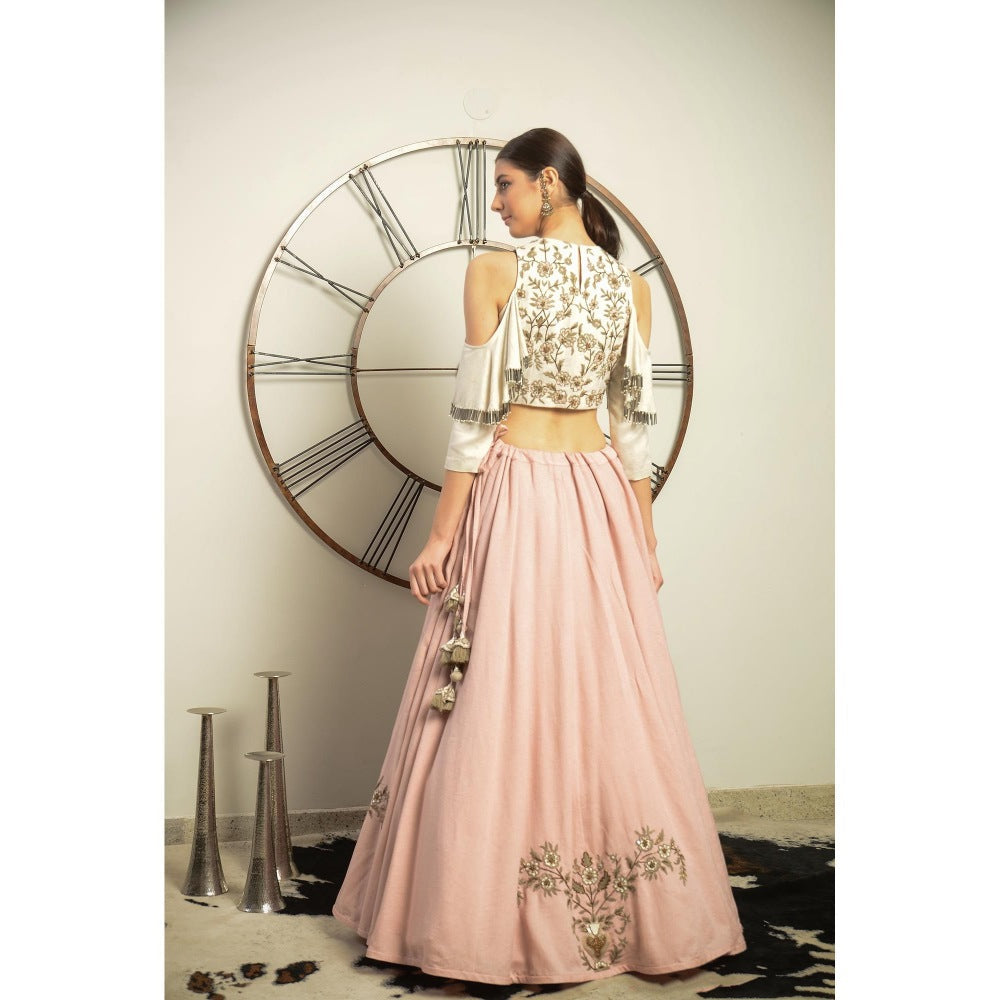 Neha Tarun Ivory Color Blouse with Hand Embroidery Pink Skirt (Set of 2)
