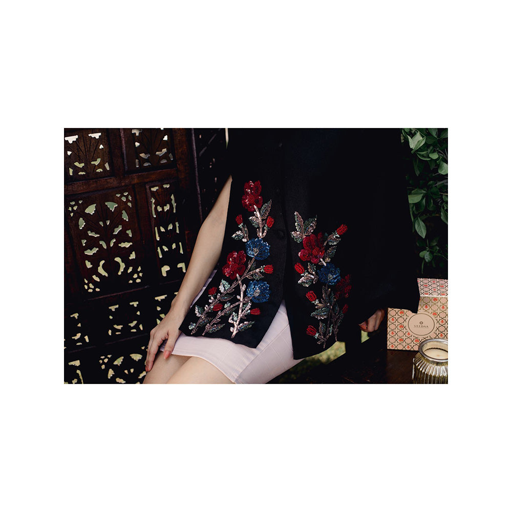 NEIZA Black with Red and Navy Embroidery Cape