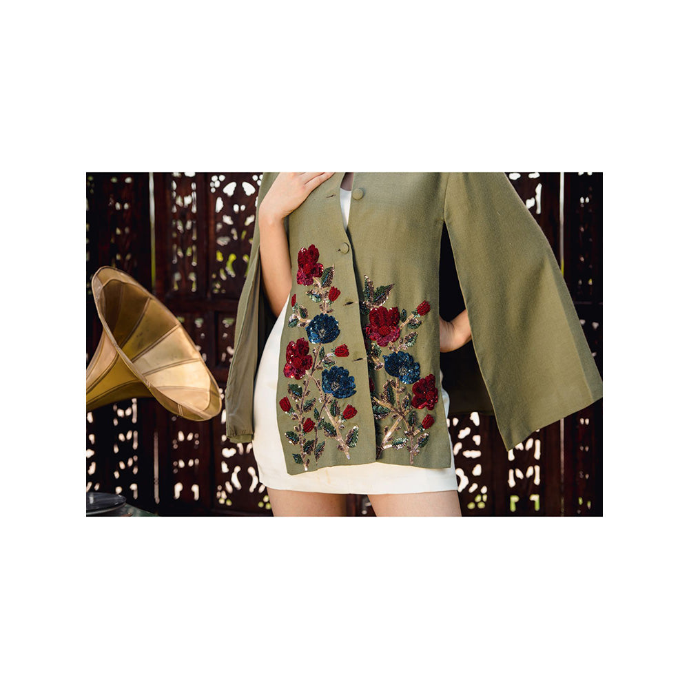 NEIZA Olive Green Pink with Red and Navy Embroidery Cape