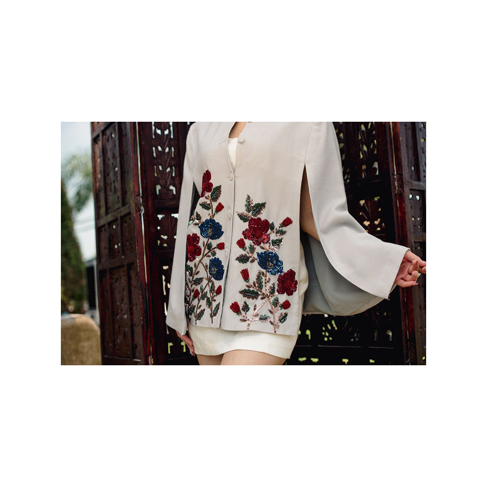 NEIZA Grey Pink with Red and Navy Embroidery Cape