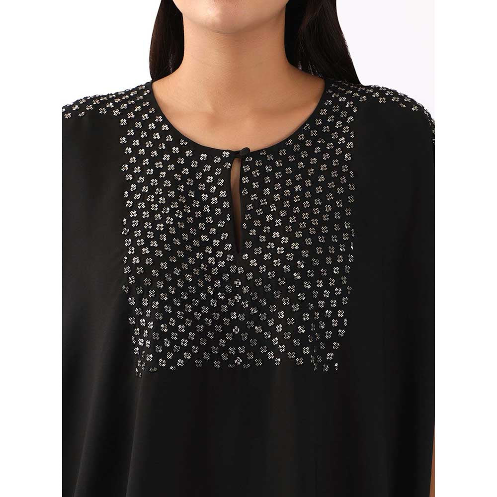 NEMAANI Black Shoulder Embroidered Top With Dhoti Pant (Set of 2)