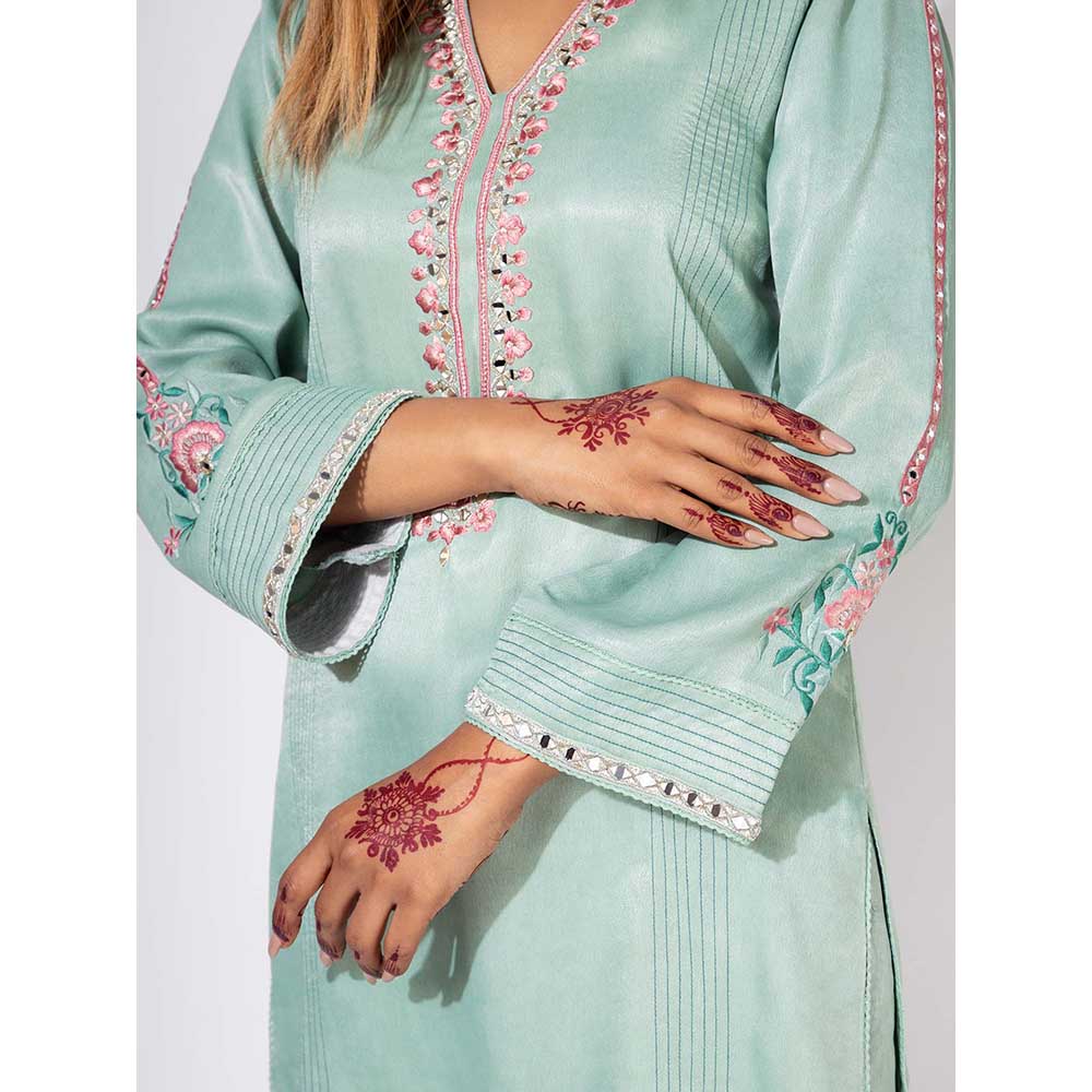 NEMAANI Blue Embroidered Sleeve Kurta with Pant and Dupatta (Set of 3)