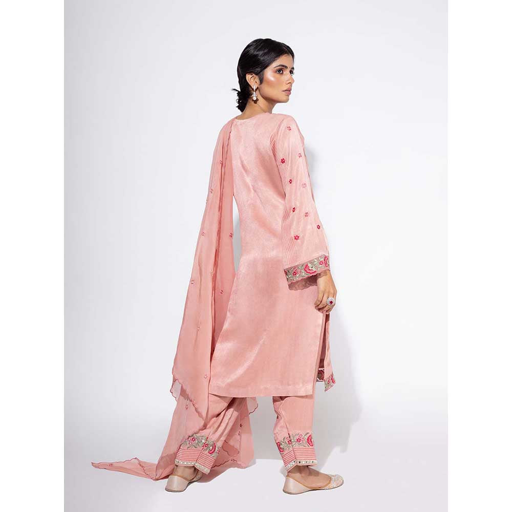 NEMAANI Pink Organza Panel Embroidered Kurta with Salwar Pant and Dupatta (Set of 3)