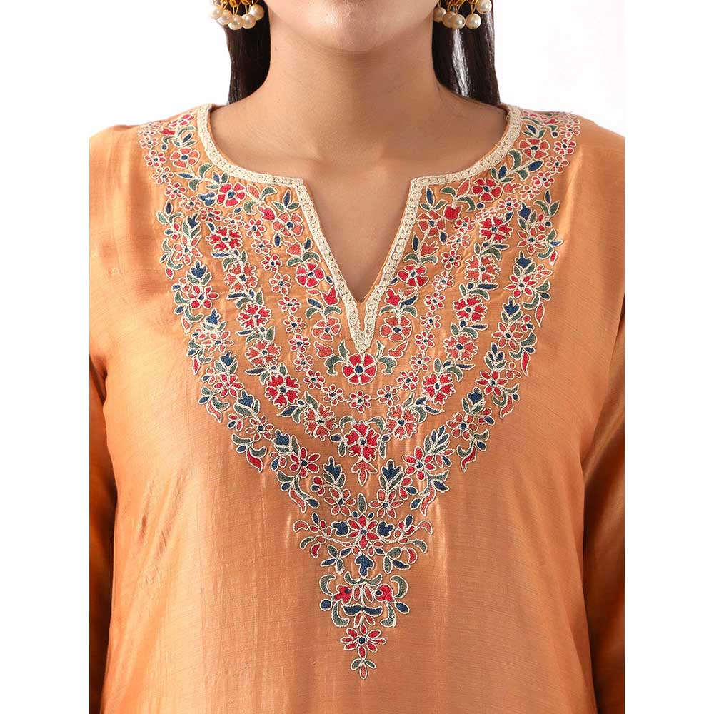 NEMAANI Orange Neck Embroidered Kurta with Salwar Pant and Dupatta (Set of 3)