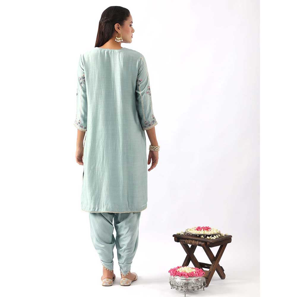 NEMAANI Ice Blue Embroidered Kurta with Dhoti Pant and Dupatta (Set of 3)