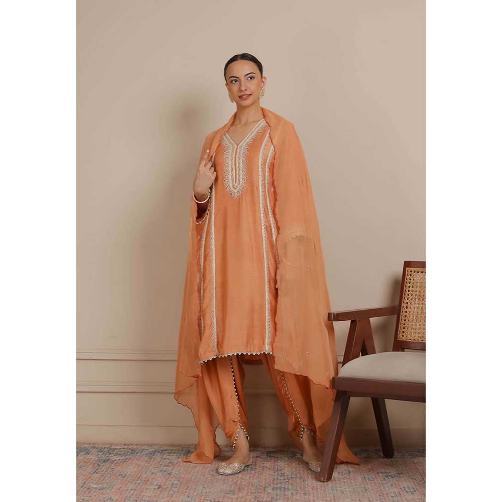 NEMAANI Orange Embroidered A-Line Kurta with Dhoti Pant and Dupatta (Set of 3)