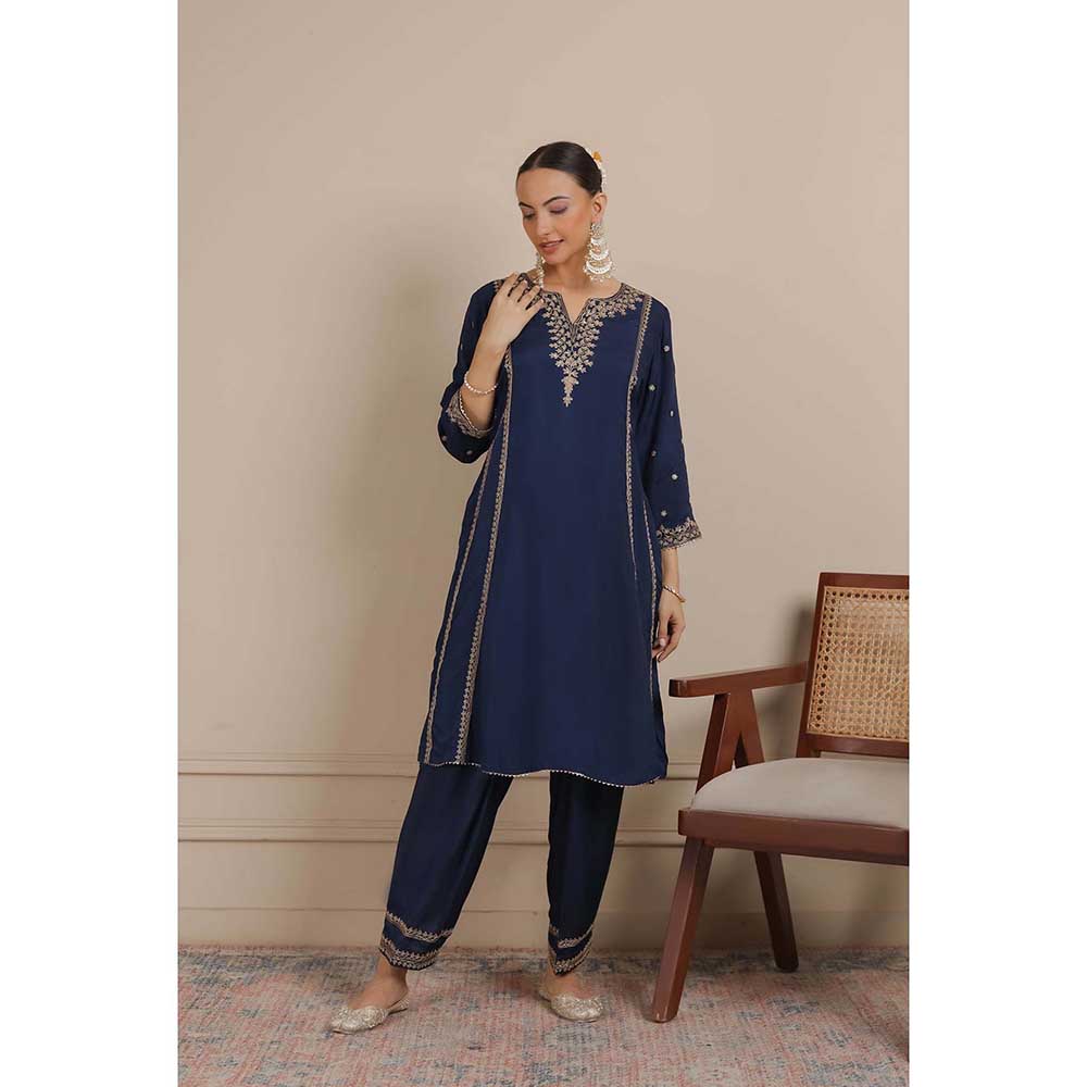 NEMAANI Midnight Navy Blue Dori A-Line Kurta with Salwar Pant and Dupatta (Set of 3)