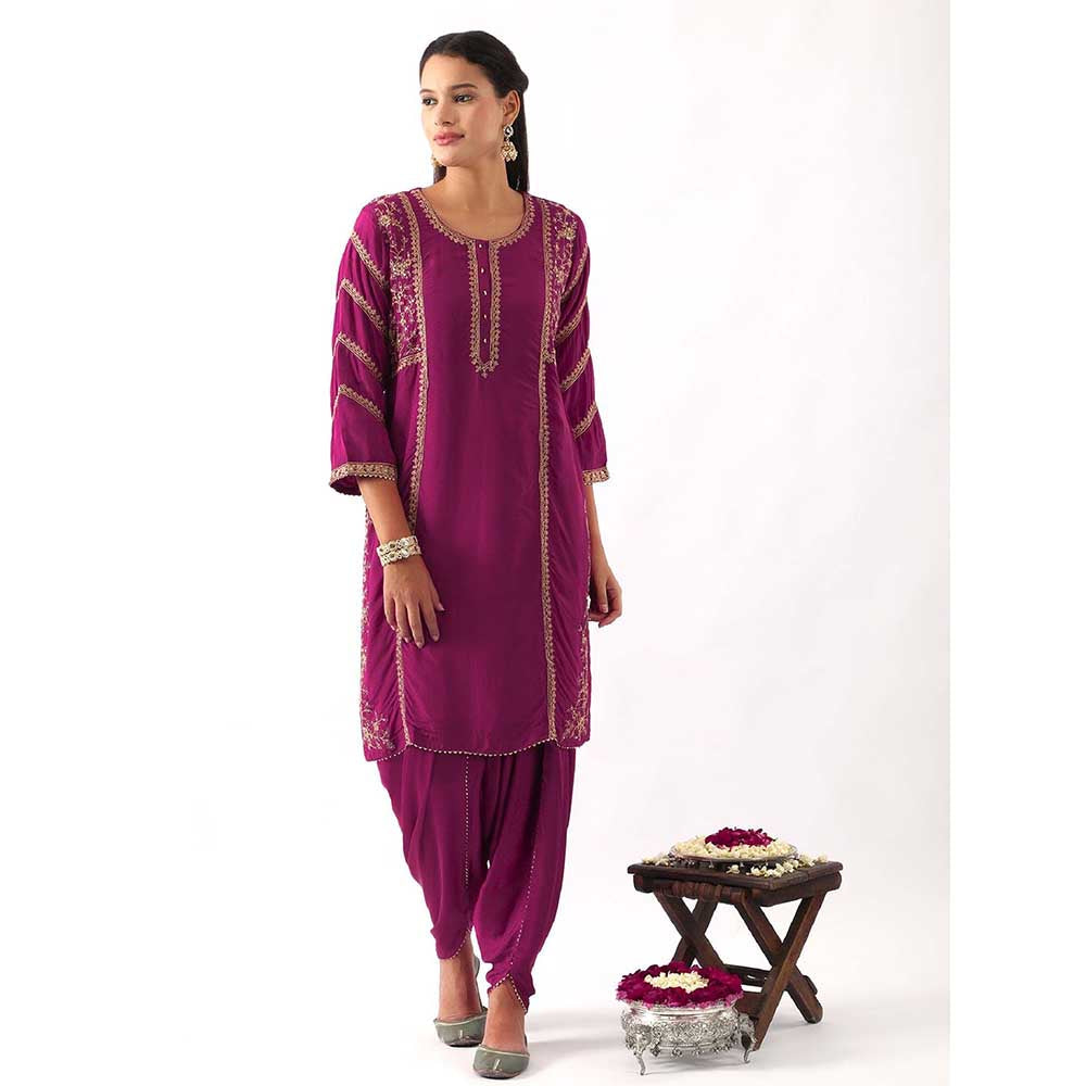 NEMAANI Magenta Pink Dori Embroidered Kurta with Dhoti Pant and Dupatta (Set of 3)
