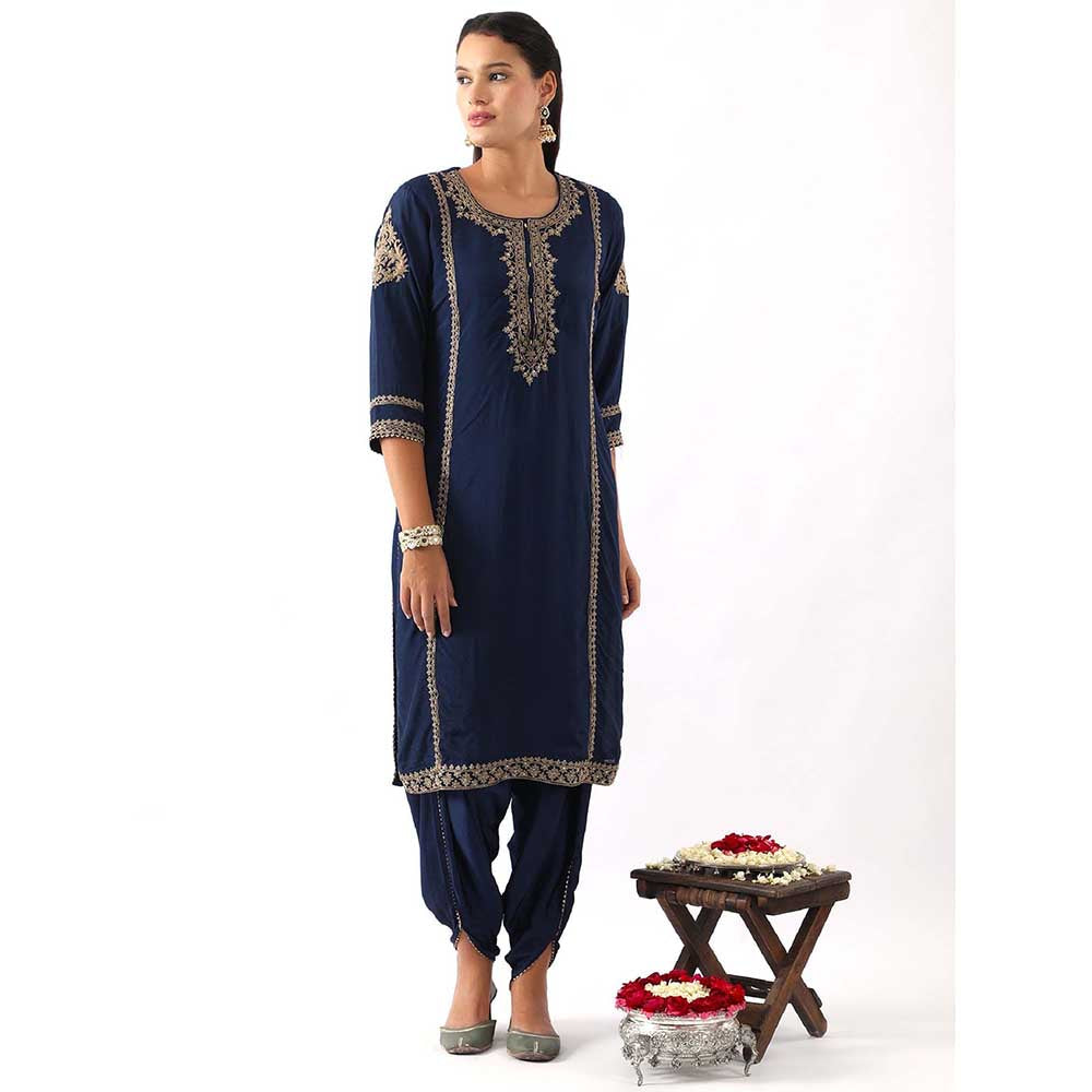 NEMAANI Midnight Navy Blue Neck Embroidered Kurta with Dhoti Pant and Dupatta (Set of 3)