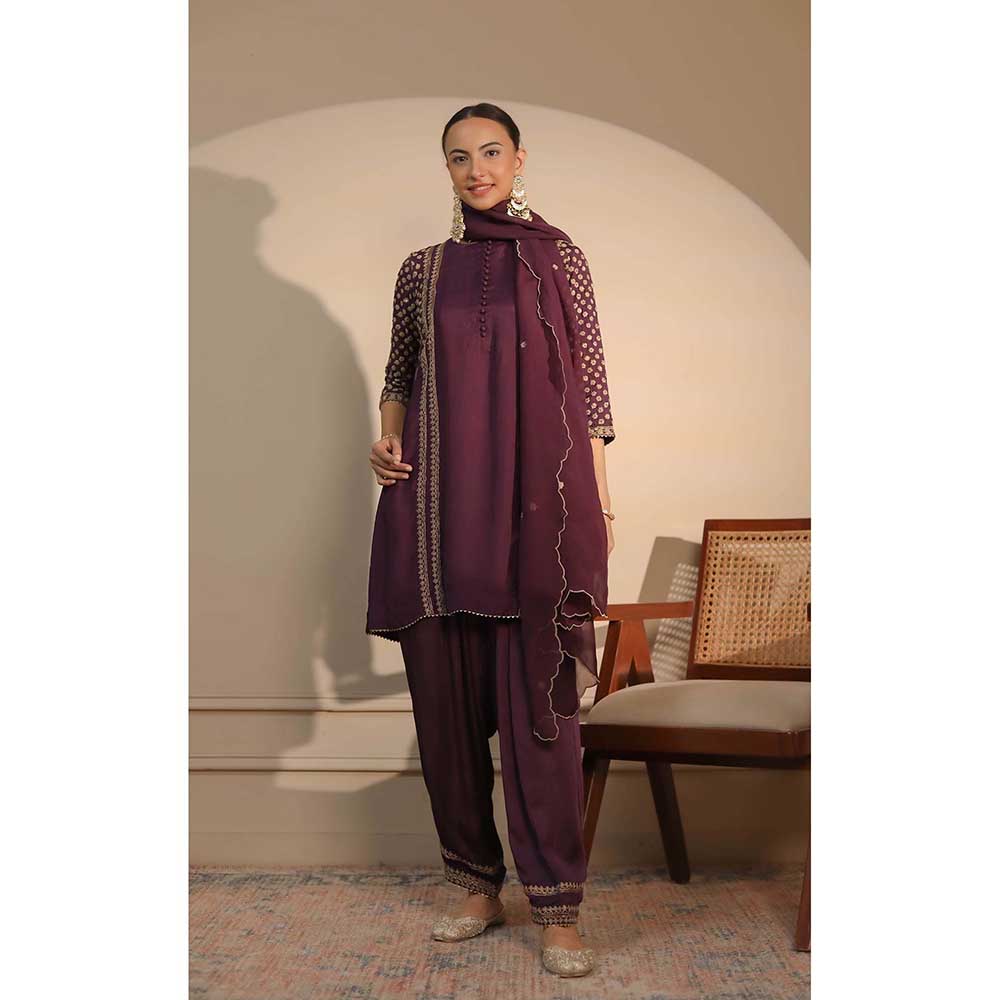 NEMAANI Purple Short Kurti with Salwar Pant and Dupatta (Set of 3)