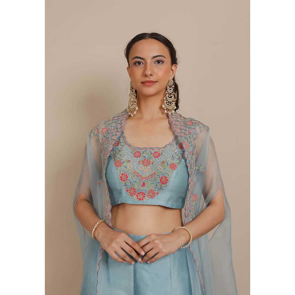 NEMAANI Blue Blouse Flared Blouse with Palazzo and Cape (Set of 3)
