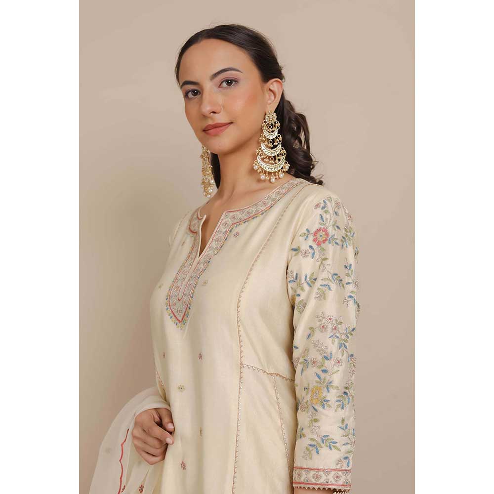 NEMAANI Ivory A-Line Kurta with Pant and Dupatta (Set of 3)