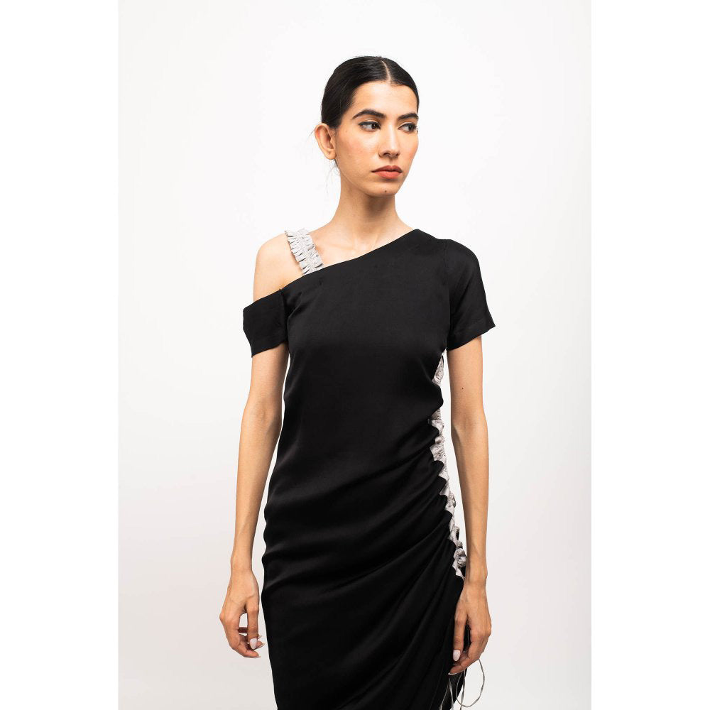 NEORA BY NEHAL CHOPRA Black & Grey Rouching Midi Dress