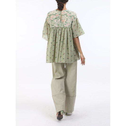 Nikasha Green Bloom Antique Jade Gathered Cotton Top