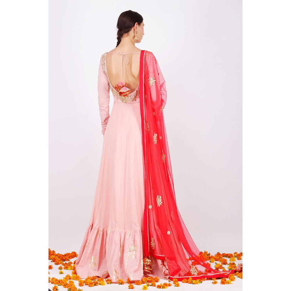 Nikasha Dusky Salmon Rani Kalidar Pair With Churidar and Dupatta - Set of 3