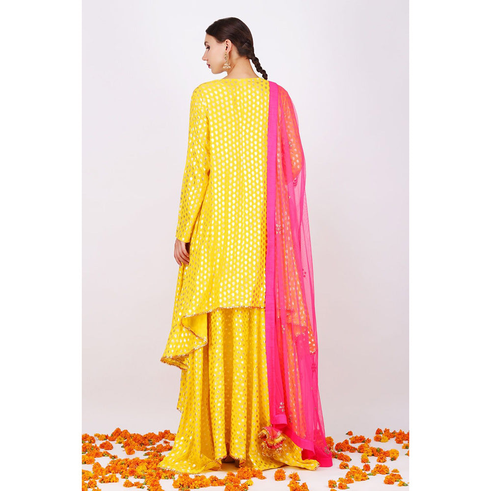 Nikasha Yellow Rani Kurta With Sharara and Pink Foil Dupatta - Set of 3