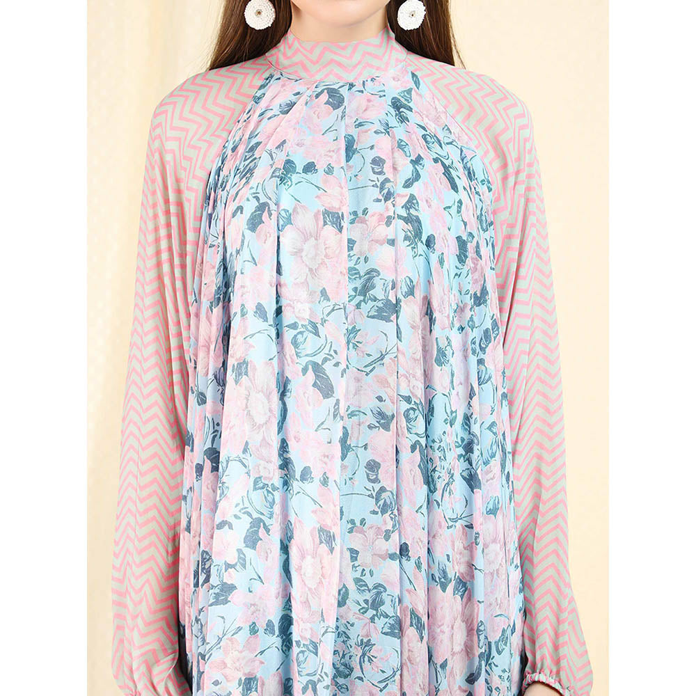 Nikasha Sky Blue Floral Printed Balloon Sleeves Midi Dress