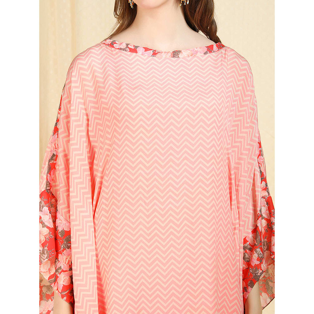 Nikasha Peach Printed Flared Sleeves Kaftan With Skirt (Set of 2)