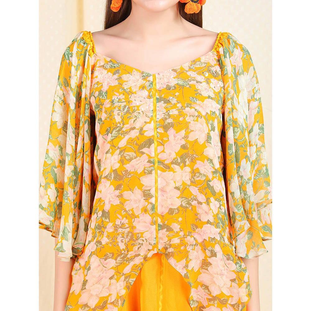 Nikasha Orange Floral Printed Flared Sleeves Top And Skirt With Scarf (Set of 3)