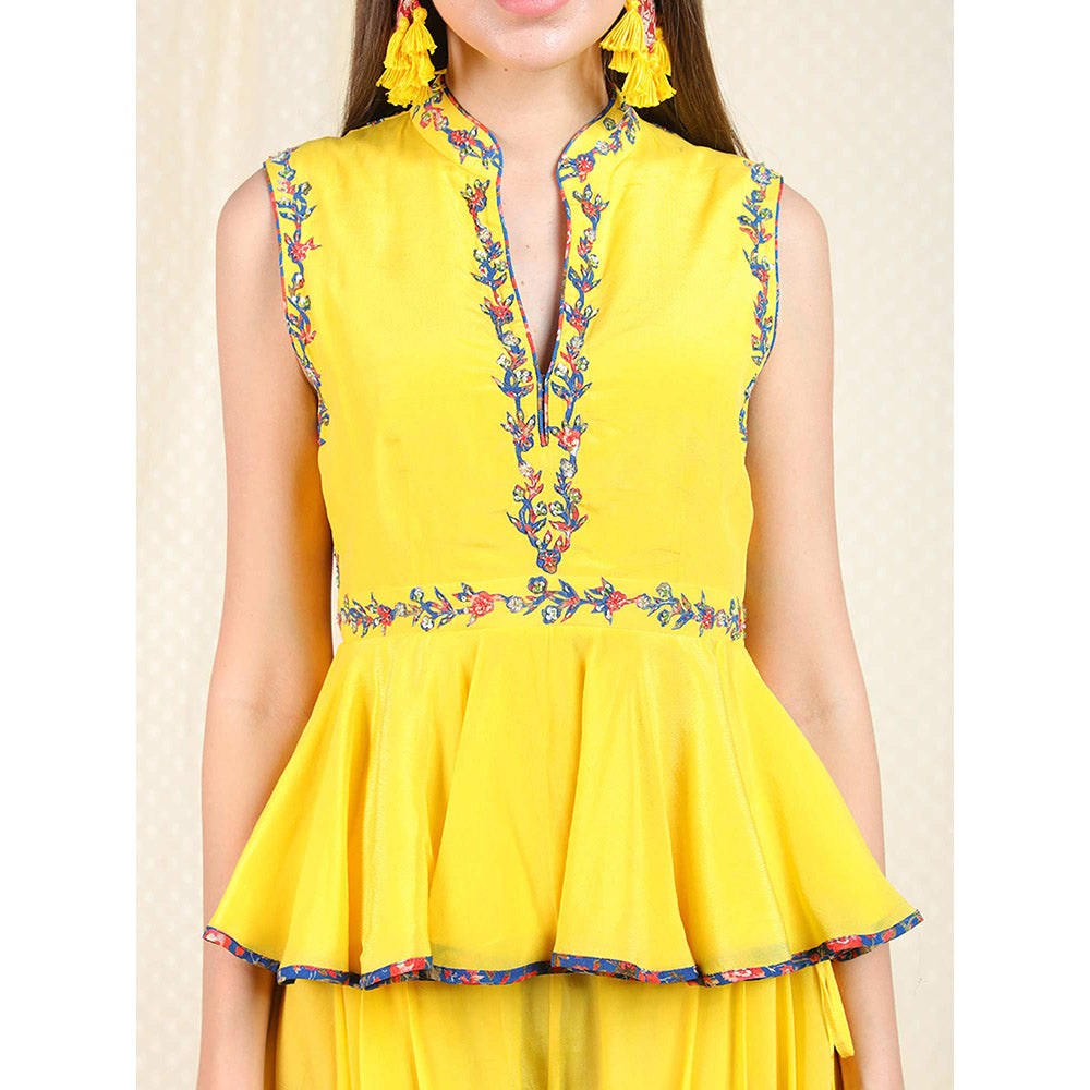 Nikasha Yellow Embellished Sleeveless Top With Dhoti Pant And Scarf (Set of 3)