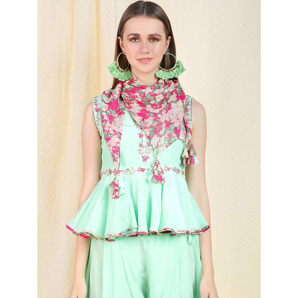 Nikasha Sea Green Embellished Sleeveless Top With Dhoti Pant And Scarf (Set of 3)