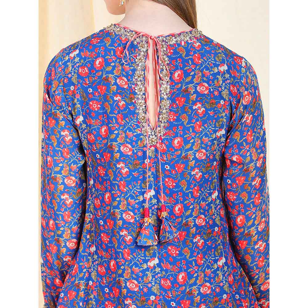 Nikasha Blue Floral Printed Long Sleeves Tunic With Dhoti Pant (Set of 2)