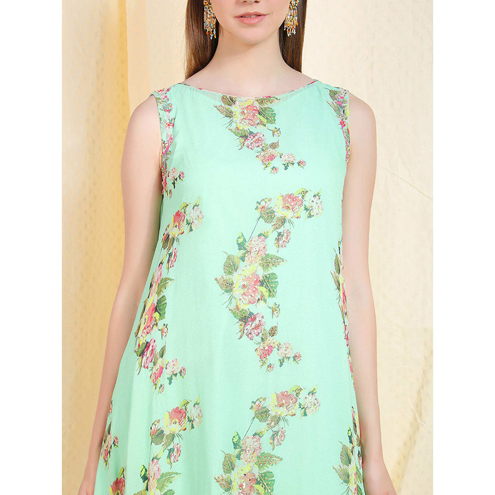 Nikasha Sea Green Floral Printed Sleeveless Kurta With Dhoti Pant (Set of 2)