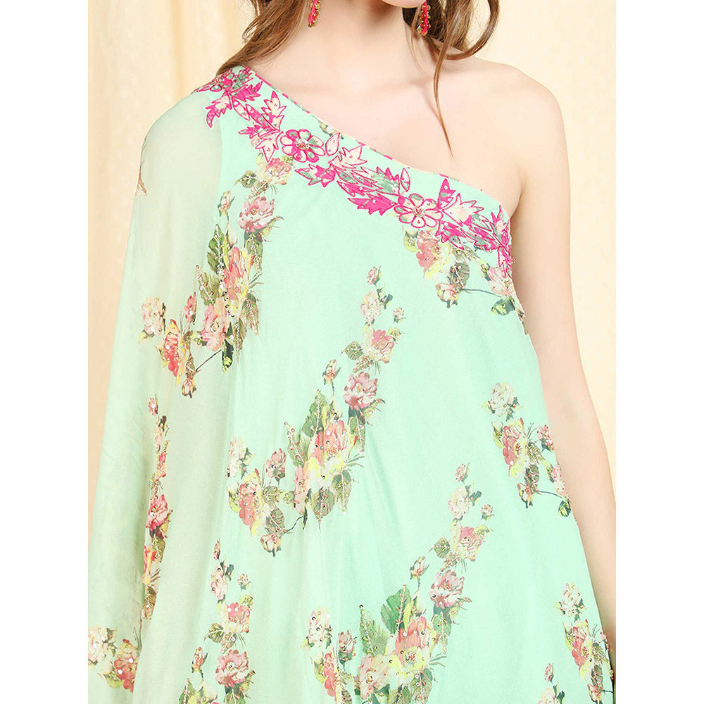 Nikasha Sea Green Embellished One Shoulder Tunic With Dhoti Pant (Set of 2)