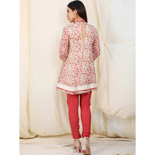 Nikasha Red Floral Printed Long Sleeves Kurta And Churidar With Dupatta (Set of 3)