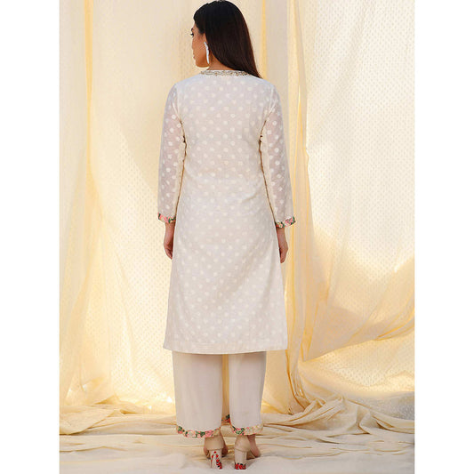 Nikasha White Embellished Long Sleeves Kurta And Palazzo With Dupatta (Set of 3)