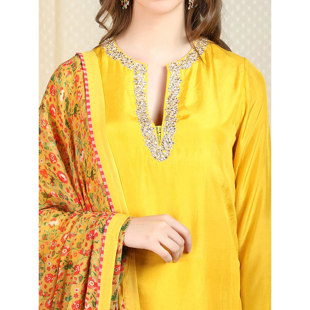 Nikasha Yellow Embellished Long Sleeves Kurta And Palazzo With Dupatta (Set of 3)