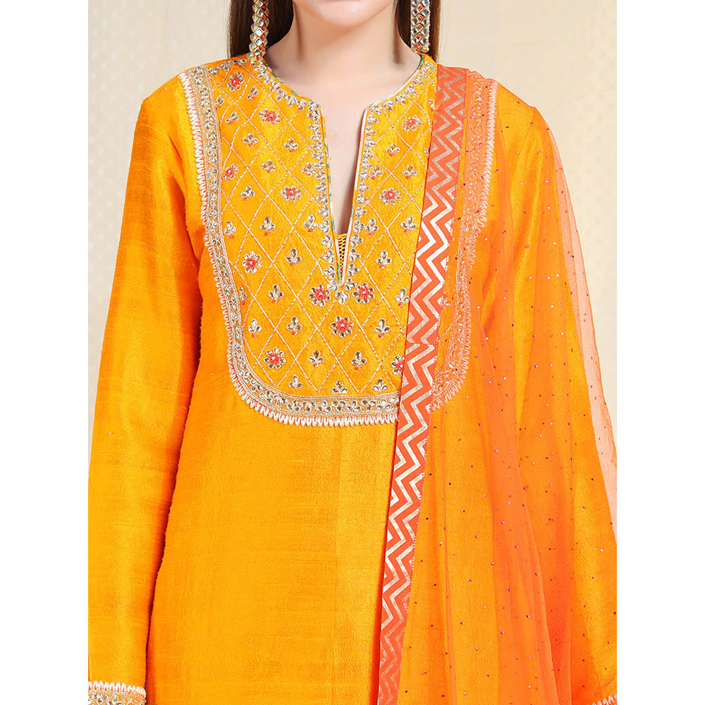 Nikasha Orange Embellished Long Sleeves Kurta And Sharara With Dupatta (Set of 3)