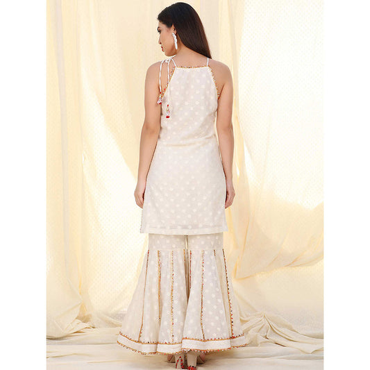 Nikasha Off White Patterned Sleeveless Kurta And Sharara With Dupatta (Set of 3)