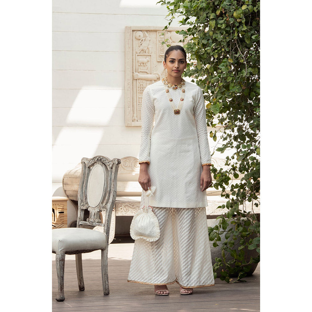 Nikasha White Woven Kurta With Palazzo & Dupatta (Set of 3)
