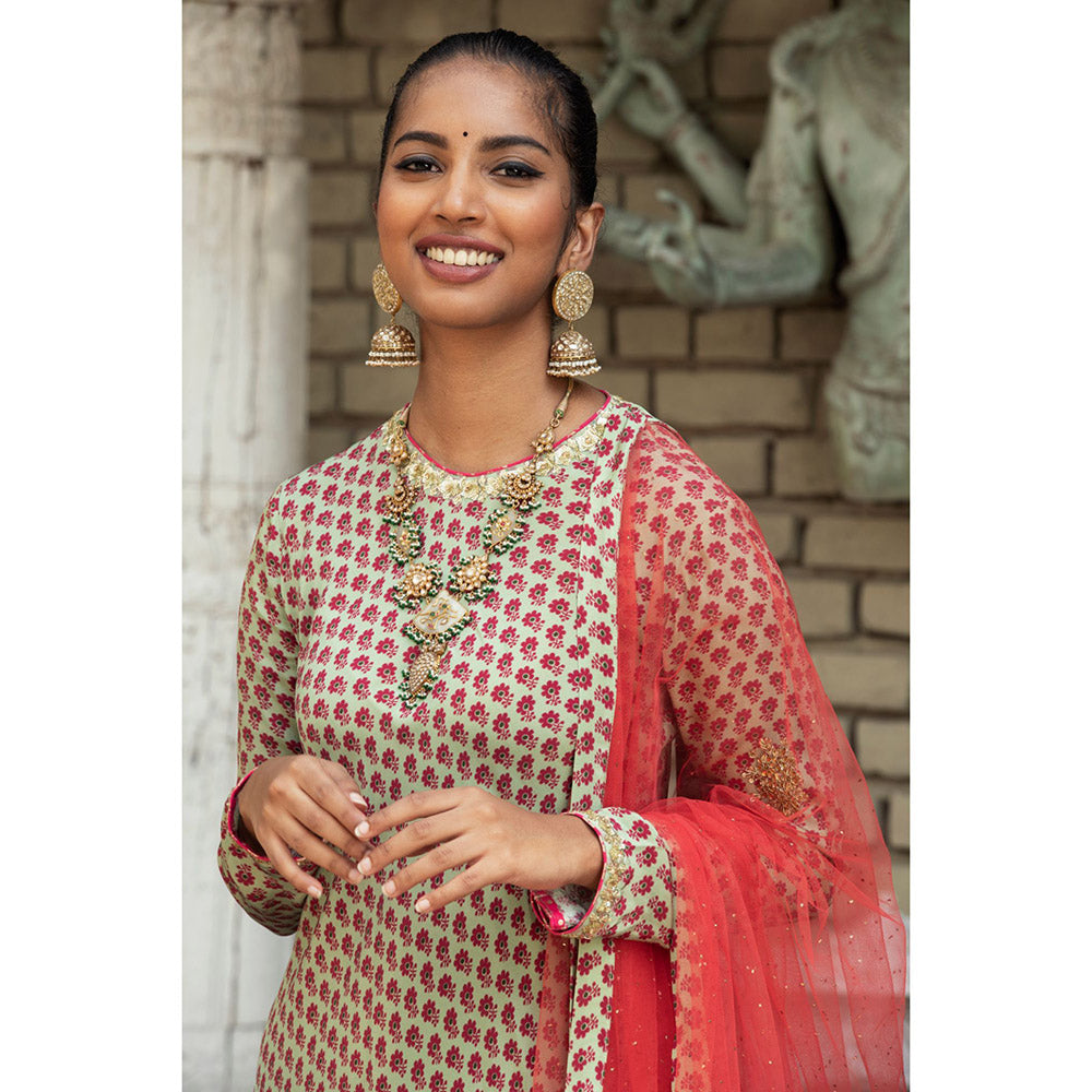Nikasha Green Floral Kurta With Palazzo & Dupatta (Set of 3)