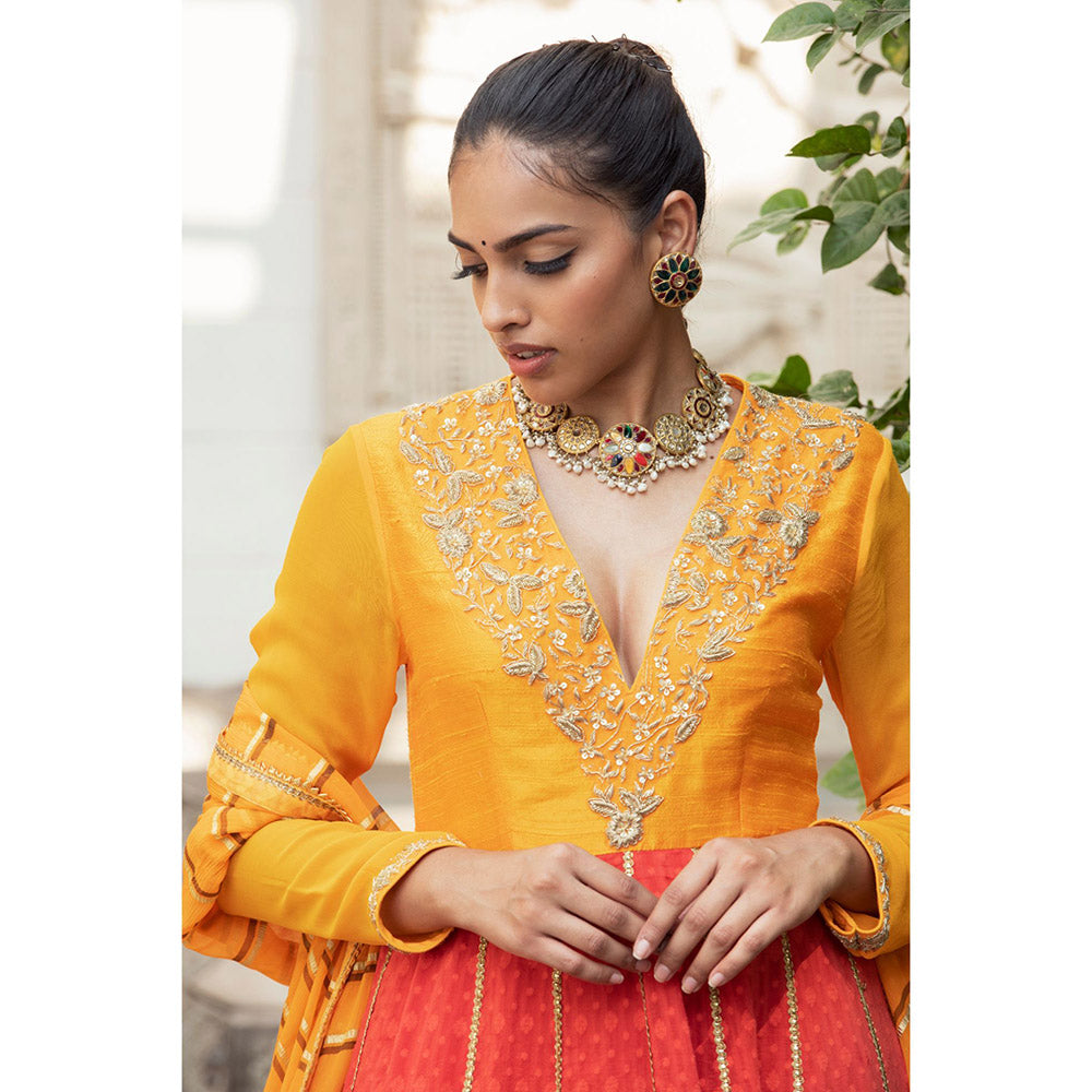 Nikasha Red Embroidered Anarkali Kurta With Churidar & Dupatta (Set of 3)