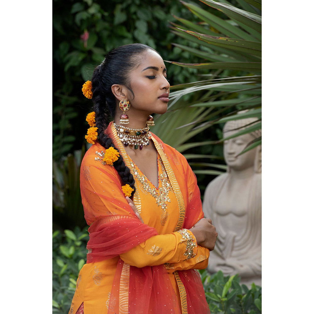 Nikasha Yellow Printed Kurta With Lehenga & Dupatta (Set of 3)