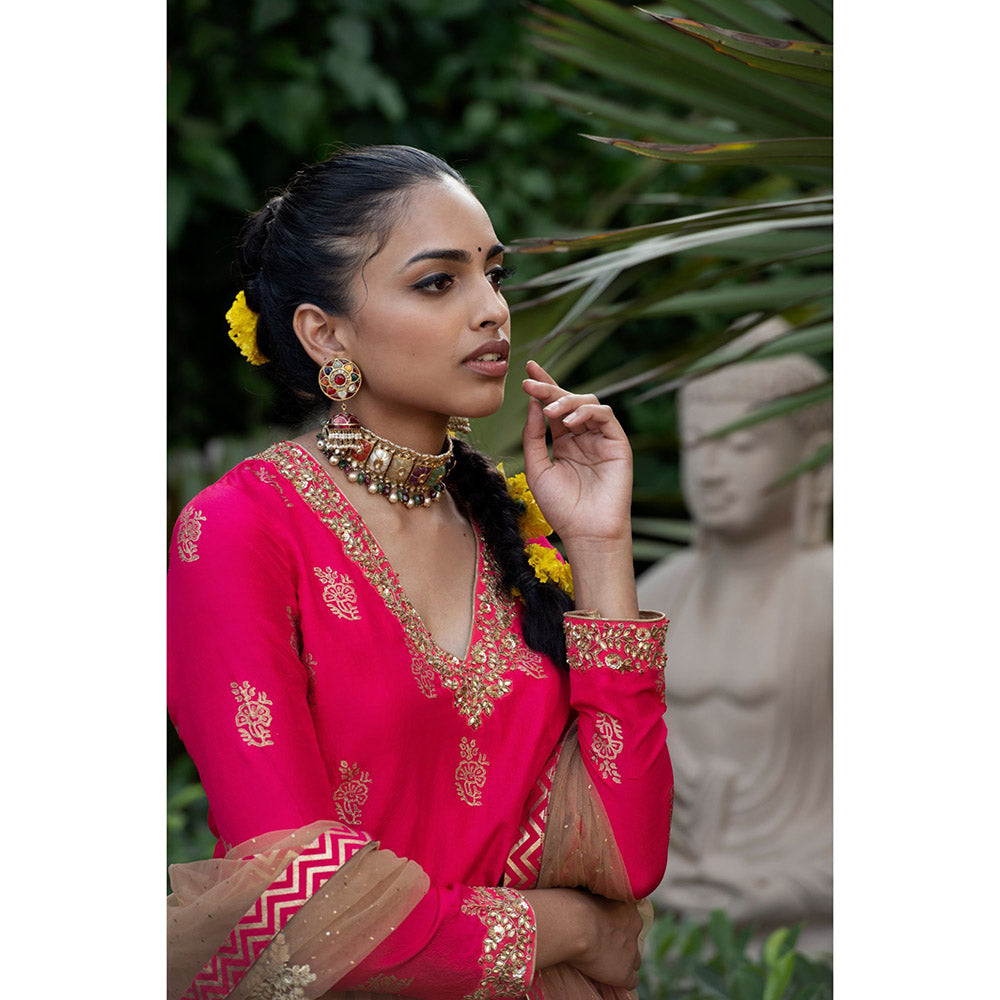 Nikasha Pink Printed Kurta With Lehenga & Dupatta (Set of 3)