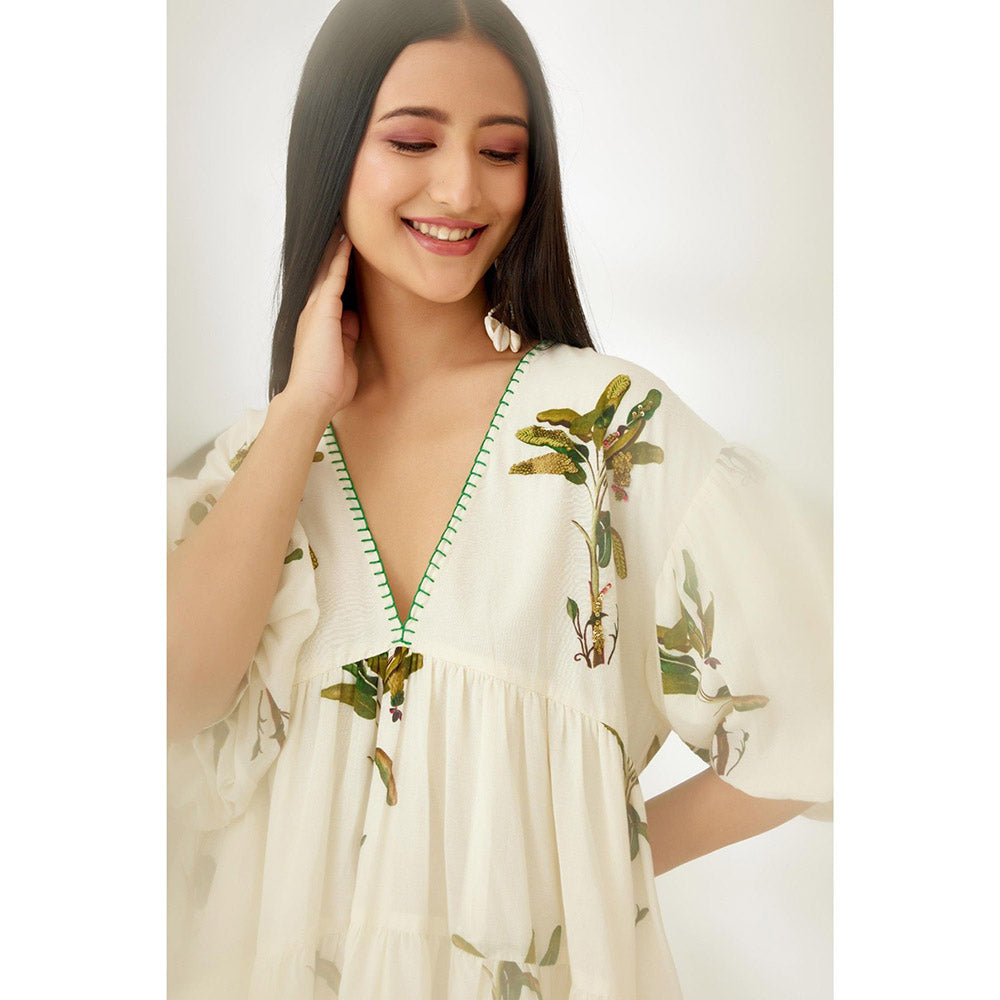 Nikasha Off White Hand Painted Banana Tree Print Tier Dress