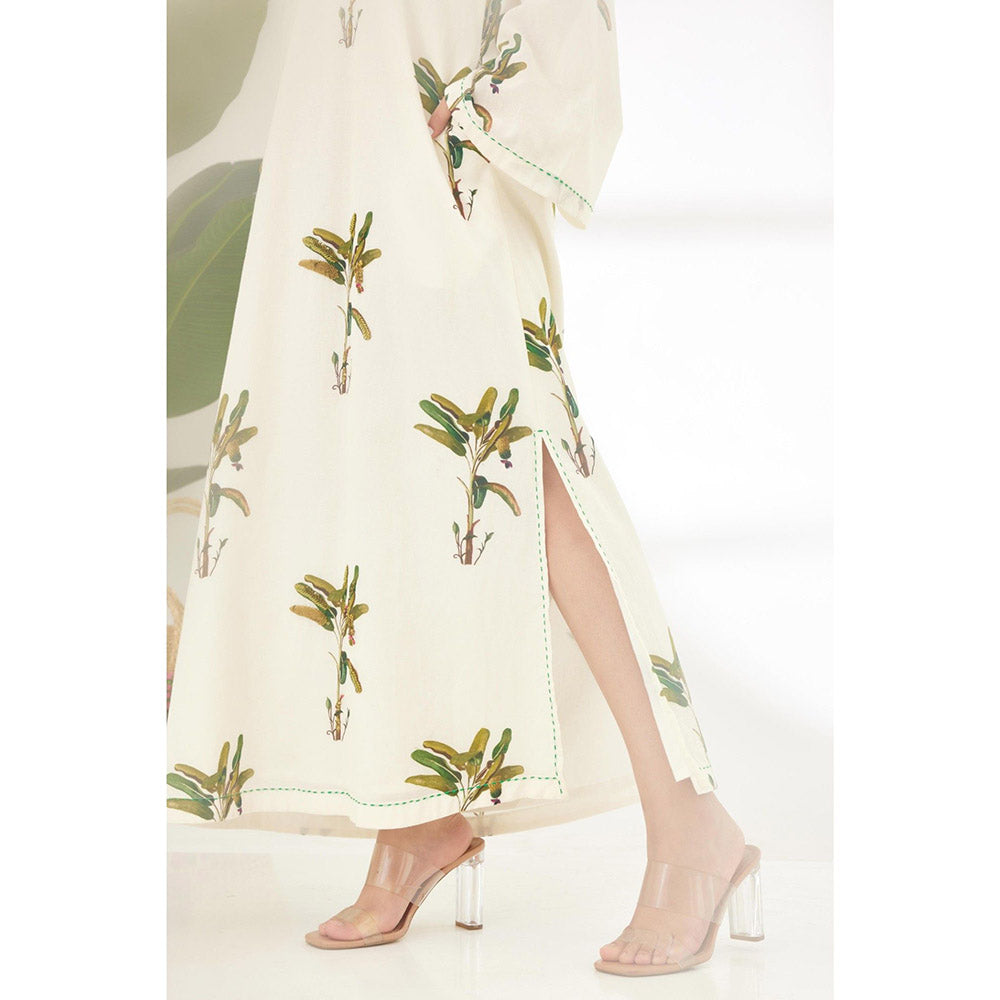 Nikasha Off White Hand Painted Banana Tree Print Maxi Dress