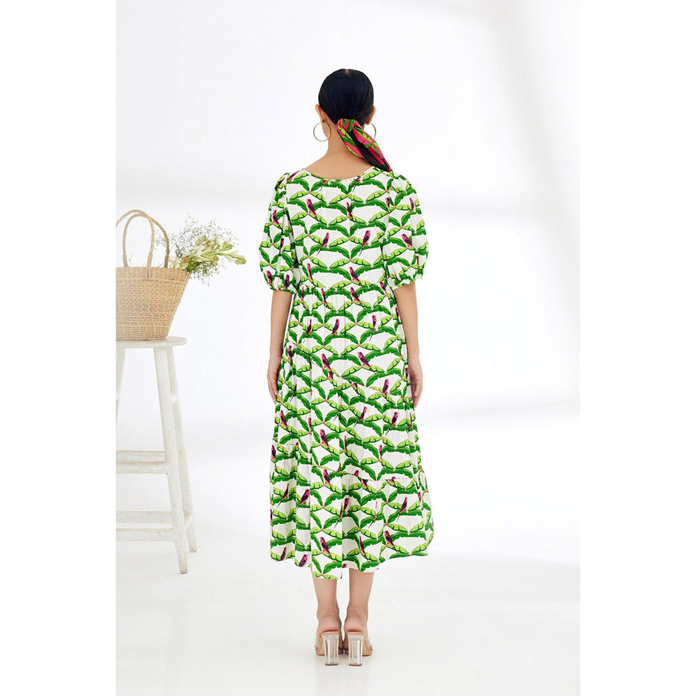 Nikasha Off White & Green Hand Painted Parakeet Print Tier Dress