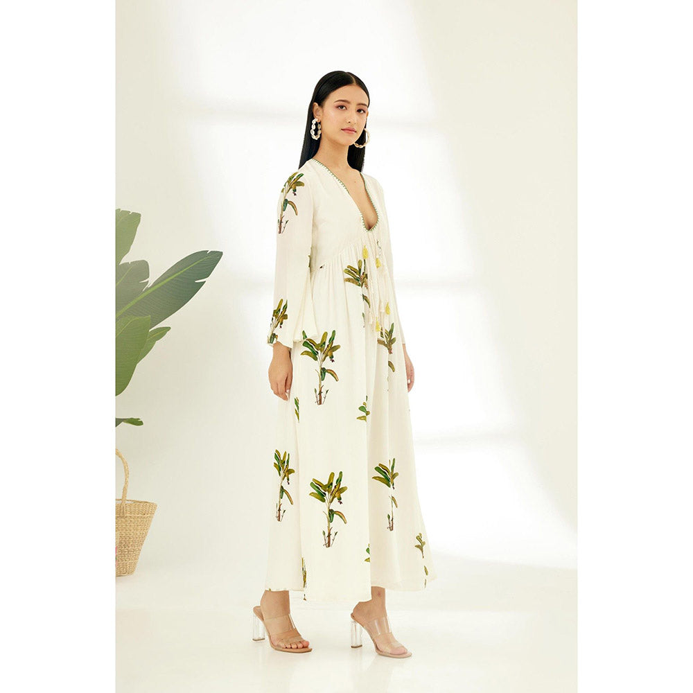 Nikasha Off White Hand Painted Banana Tree Print Dress