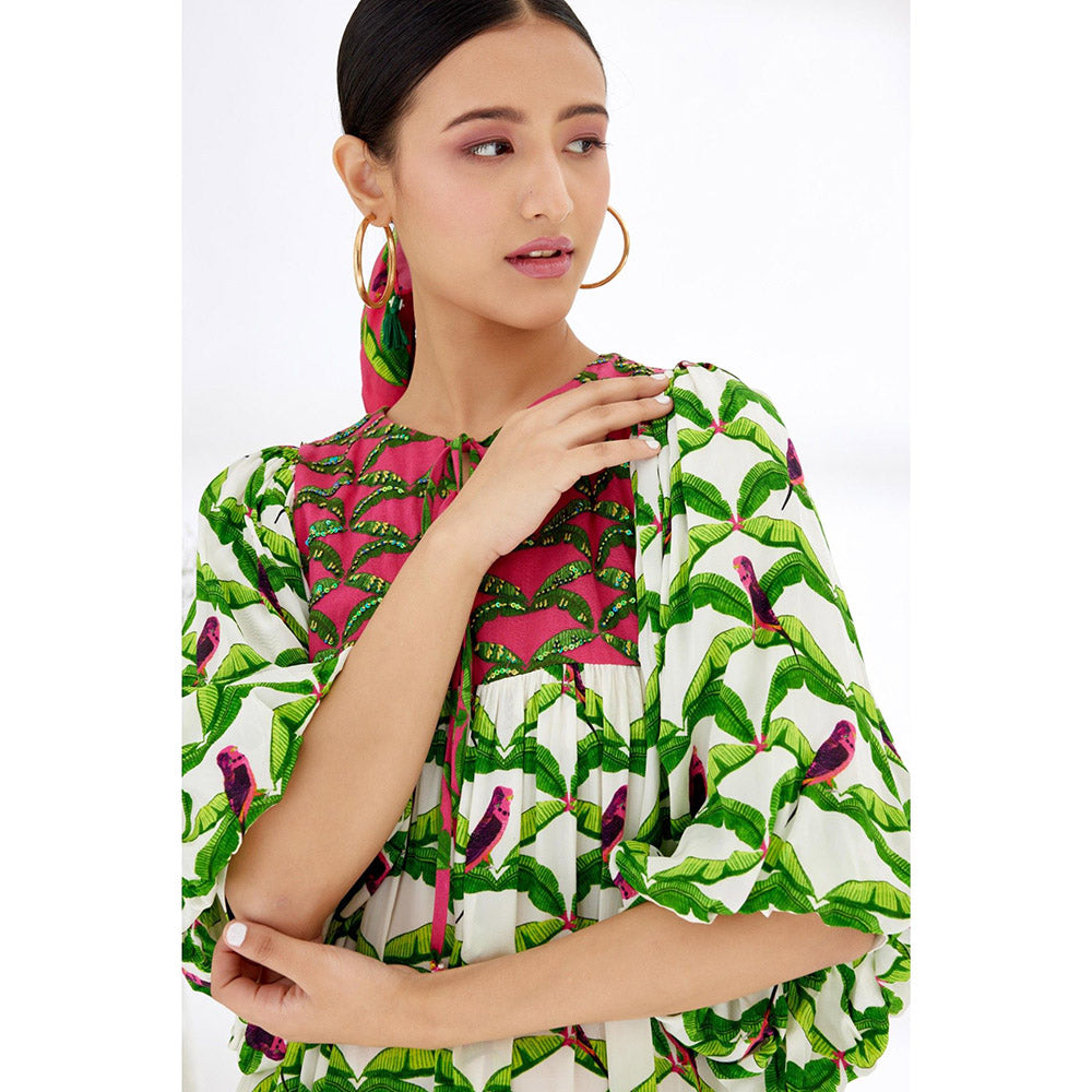 Nikasha Off White & Green Hand Painted Parakeet Print Dress