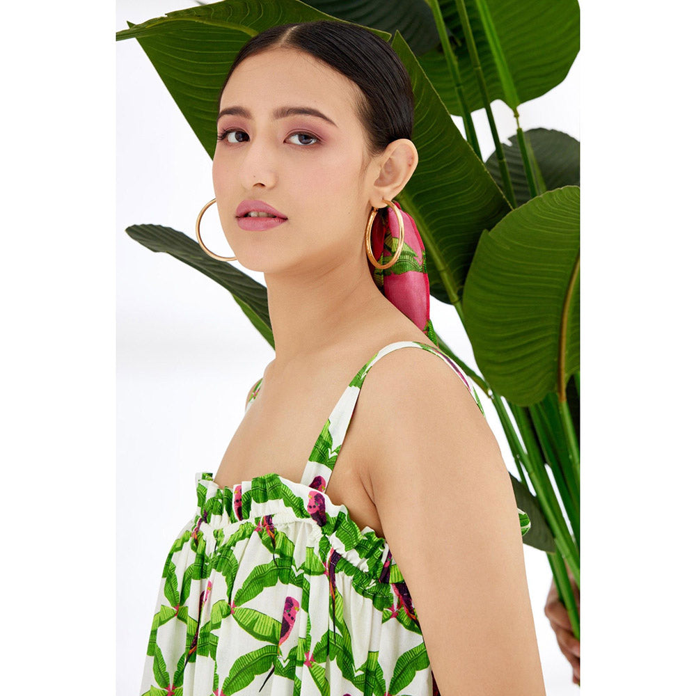 Nikasha White & Green Hand Painted Parakeet Print Jumpsuit