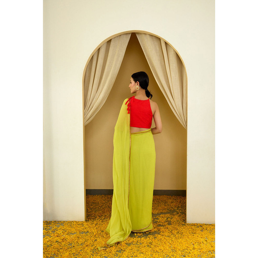 Nikasha Lime Green Pure Silk Chiffon Saree with Stitched Blouse