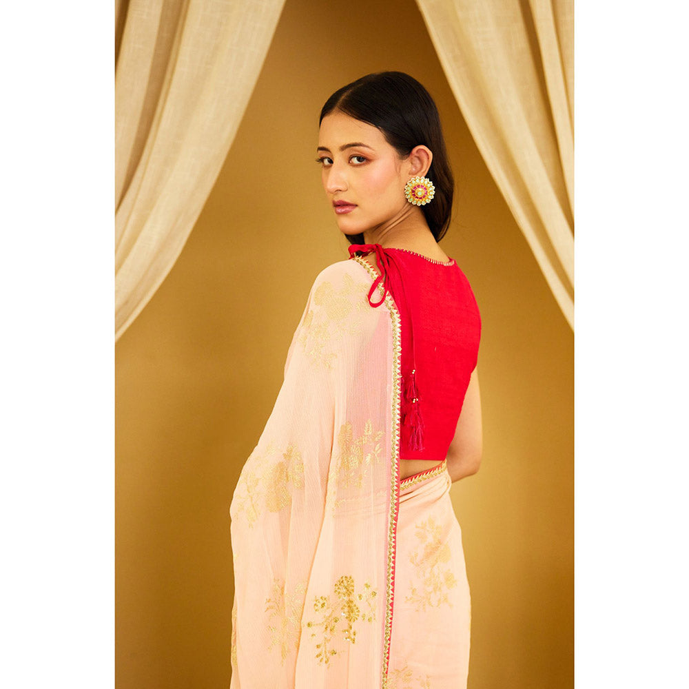 Nikasha Peach Foil Pure Silk Chiffon Saree with Stitched Blouse