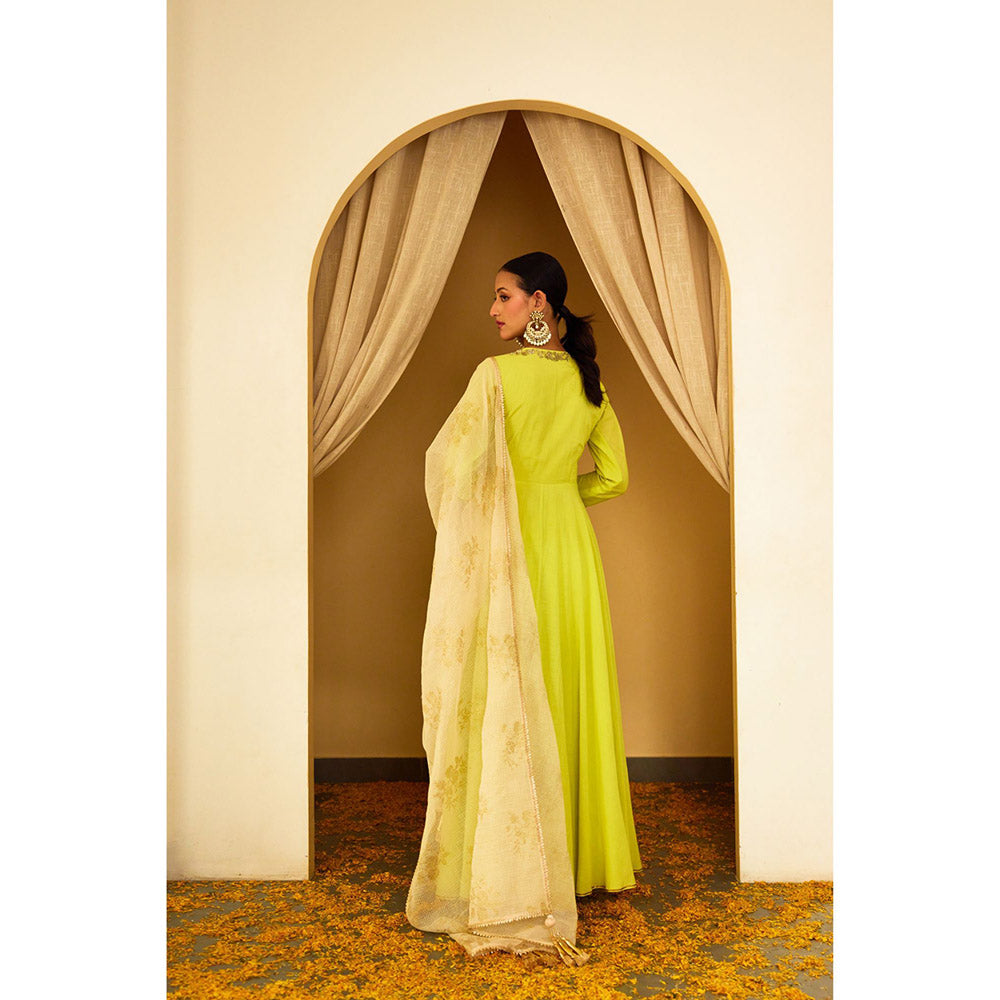 Nikasha Lime Green Embroidered Angarkha (Set of 3)