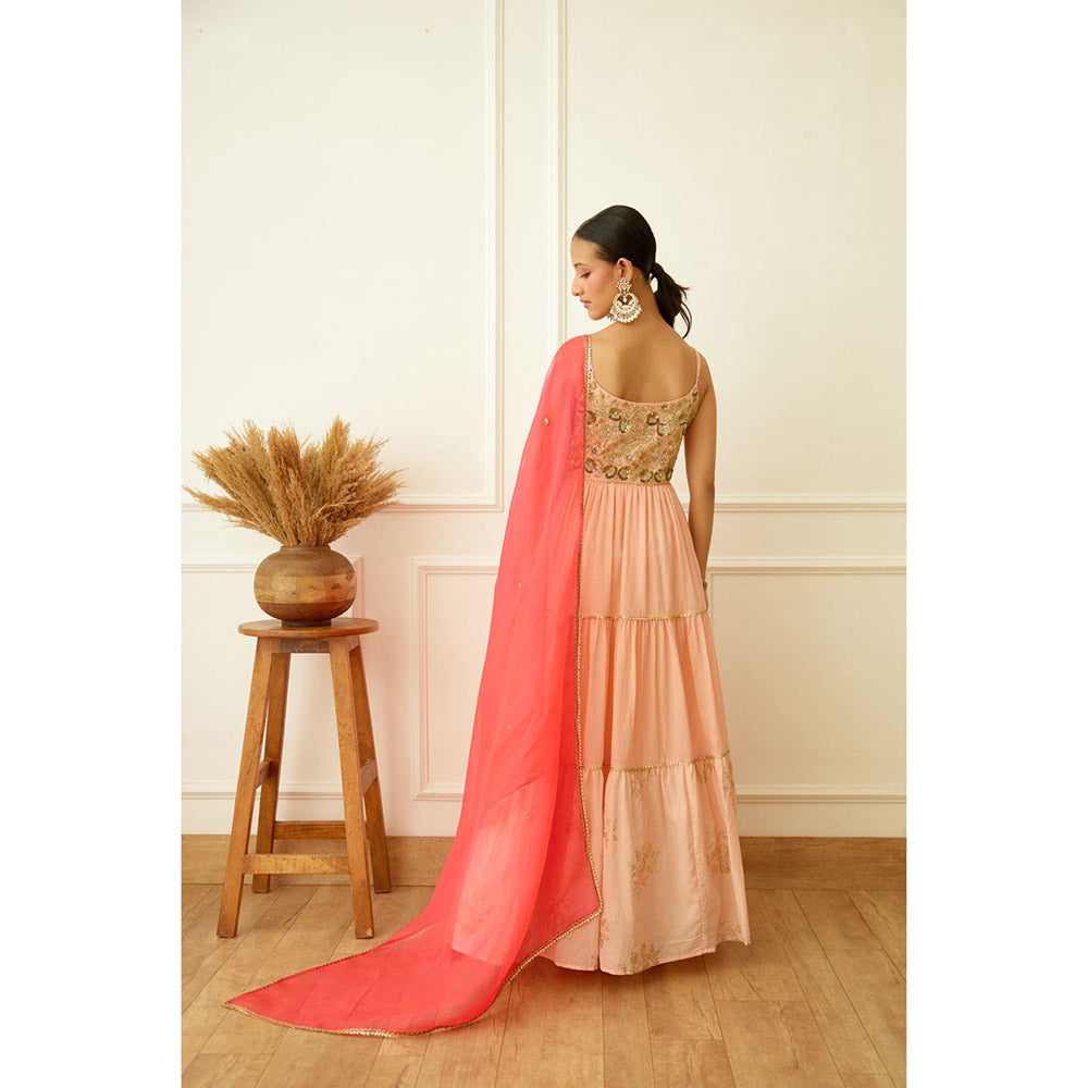 Nikasha Peach Foil Embroidered Anarkali Kalidar (Set of 2)