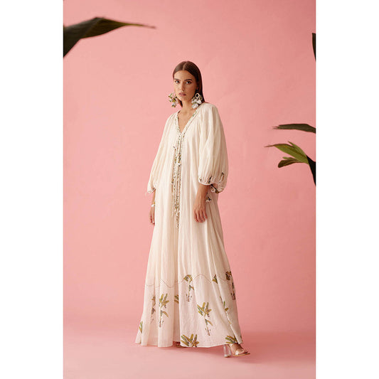 Nikasha Cream Handwoven Jamdani Cotton Bubble Sleeves Maxi Dress